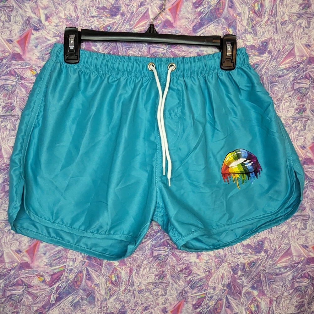 Teal Blue Track Short With Rainbow Lip Graphic And Tie Waist
